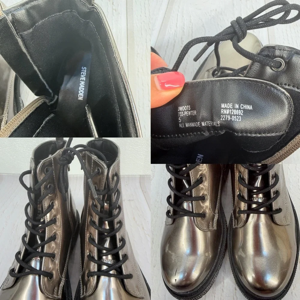 Steve Madden Jwoots Combat Boots Metallic Gunmetal Size 5‎